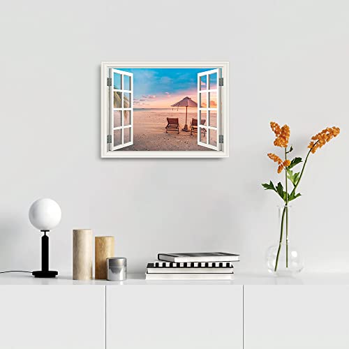 Yidepot Window View Beach Wall Art: Landscape Of Beach Sunset And Solar Umbrella 12"X16" - Coastal Canvas Wall Art For Living Room Bedroom #TOP5