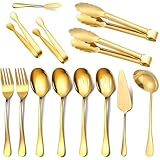 13 Piece Gold Large Serving Utensils, Stainless Steel Include Serving Spoons, Slotted Spoons, Forks, Serving Tongs, Soup Ladle, Pie Cake Server, Appetizers Tongs. Ideal for Buffets/Parties/Wedding