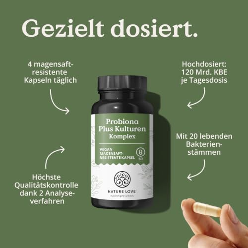 NATURE LOVE® Probiona PLUS - 120 Mrd KBE je Tagesdosis (hochdosiert) - 20 Bakterienstämme + Bio Inulin - 60 magensaftresistente Kapseln - vegan, entwickelt in Deutschland, Markenrohstoff aus Italien