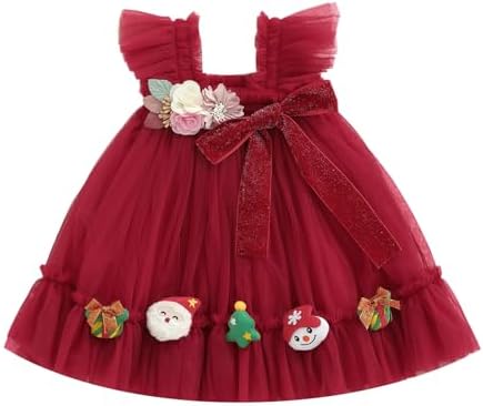 Vestido de Natal de tule para bebês meninas com babados e flores ...
