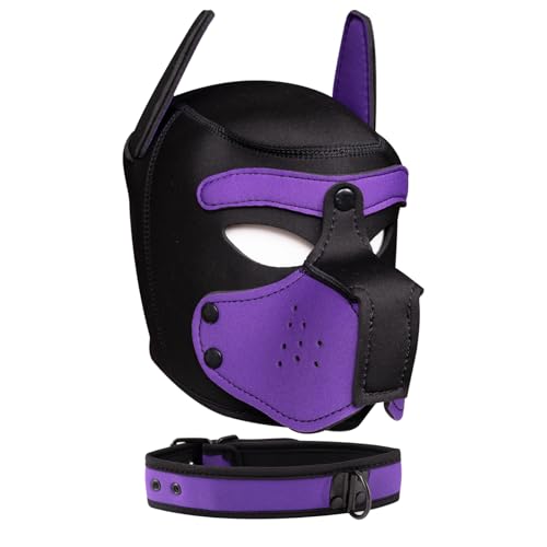 Pup Hood Neoprene Puppy Mask with Removable Muzzle and Collar Full Dog Face (9color) (Purple)