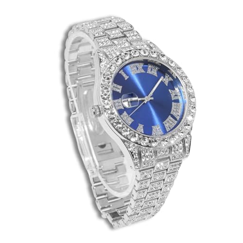 genkigold Gold Diamond Watch for Men - 40mm Roman Numerals Round Dial in Blue - Platinum White Gold Plated 8.7" Strap - Japanese Quartz - Luxury Jewelry
