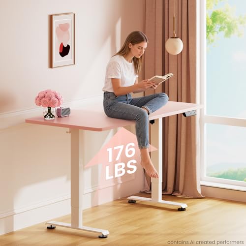 Image of Veken 55 Inch Large Electric Standing Desk, 4 Memory Heights Adjustable,Sit to Stand Up, Work Home Office Computer Table for Study, Walking Pad, Writing, and Games, Wooden Desktop Desks, Pink