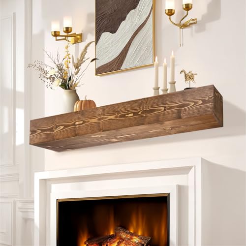 LXWZHK Fireplace Mantel Shelf, 48" Wooden Floating Shelf for Over Fireplace, Wall-Mounted Mantel Shelves, Decorative Mantels, Rustic Floating Mantels Shelves, Brown