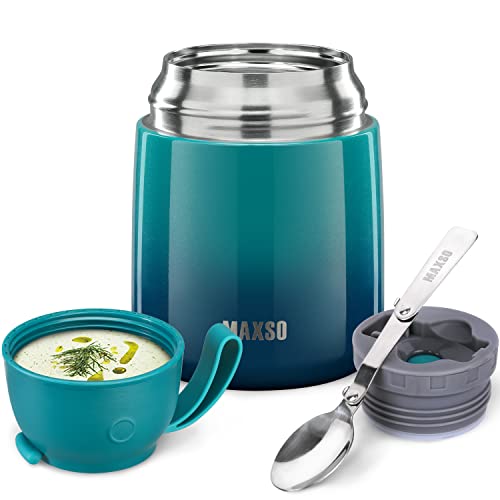 Image of MAXSO Soup Thermos for Hot Food, 17 oz Stainless Steel Vacuum Insulated Lunch Container Bento Box with Spoon for Adults, Leakproof Thermal Food Jar for Office Picnic Travel - Blue Green