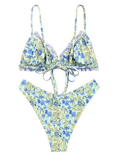 ZAFUL Women's Triangle Bikini Floral Ruffles Bow Tie Up Bikini Set Two Piece Swimsuit3