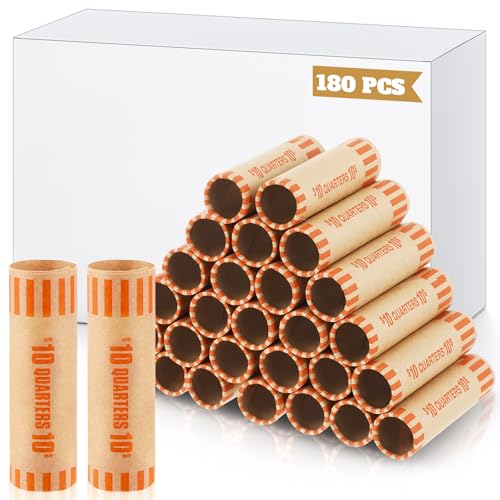 Gersoniel 180 Pcs Coin Wrappers Preformed Quarter Rolls Wrappers Bulk Quarters,Pennies,Dimes Coin Rolls for Bank and Office (Quarters,Orange)