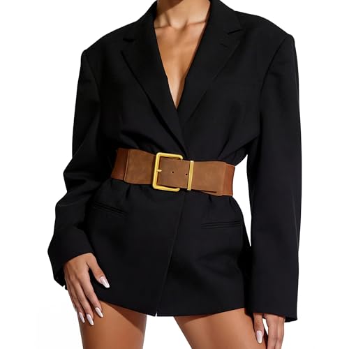 TRIWORKS Women Wide Elastic Belt for Dresses Vintage Stretchy Waist Belt with Gold Chunky Buckle Suede Brown