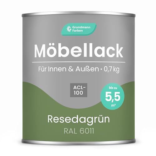 Grundmann Möbellack ACL 100 - Grün 0,7 Kg - Lösemittelfrei & Geruchsarm - 4in1 Möbelfarbe inkl. Grundierung - Innen und Außen - Für Holz, Metall & Kunststoff - RAL 6011 Resedagrün