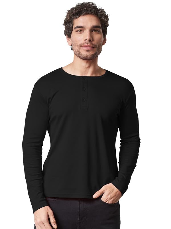 Image of LAZYCHUNKS Regular Fit Solid Super Combed Cotton Rich Henley Neck Full Sleeve Men's T-Shirt
