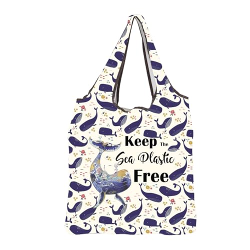 MEIKIUP Cute Blue Whale Gifts Ocean Reusable Tote Bag Keep the Sea Plastic Free Foldable Shopping Bag Marine Animal Gifts Bag (Whale F-Bag-UK)