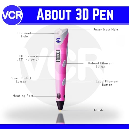 Image of VCR Pink 3D Pen with USB Power | Pack of 3 x 3 Meters + Pack of 10 x 5 Meters in Length | Filament for 3D Pen - Adjustable Temperature for 1.75mm PLA - Perfect Pen for DIY Craft