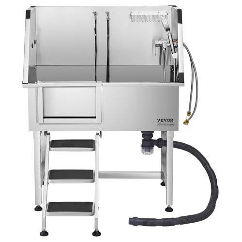 VEVOR Hundewaschstation aus Edelstahl, 961x620x1220 mm, Tierpflegewanne mit Ablagetreppe, Wasserhahn, Duschkopf & Seifenhalter, Hundebadewanne für große, mittelgroße & kleine Haustiere (Linke Tür)