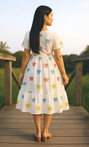 Image of Women's White Cotton Floral Print Dress | Round Neck Regular Sleeve | Trendy Casual Summer Dress
