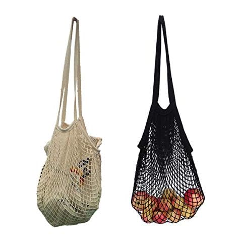 AHYUAN Reusable Grocery Bags Cotton String Bag Mesh Bags Set of 2 (Long handle Black) Cover