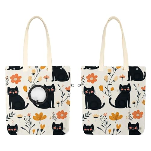 Sac de transport en toile imprimé fleurs chats noirs pour balades urbaines et visites
