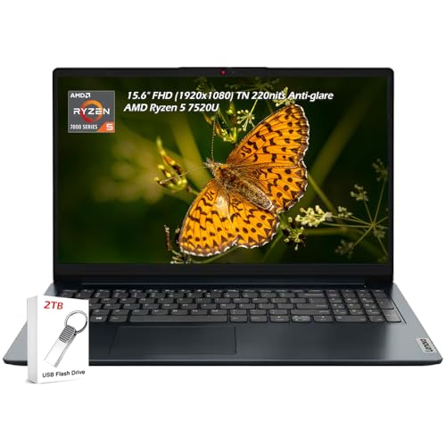 Image of Lenovo Ideapad 1 Laptop, 15.6 inch FHD (1920x1080) IPS 300nits Anti-Glare Display,AMD Ryzen 5 7520U, AMD Radeon, 8GB RAM 2TB SSD, Wi-Fi6, Windows 11, Abyss Blue, with 2TB Flash Drive, W /GaLiMu