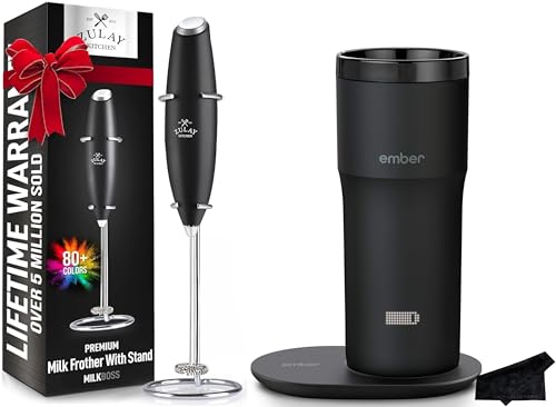 Ember Stainless Temperature Control Travel Mug 2, 12 Oz with Zulay Milk Frother and Signature Cloth