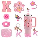 15PCS Cup Accessories Set for Stanley Cup 30oz 40oz Tumbler with Handle, Including Silicone Straw Cover and Boot, Spill Proof Stopper, Stanley Charms, Handle Charm, Initials Sticker (Letter K, Pink)