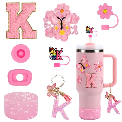 15PCS Cup Accessories Set for Stanley Cup 30oz 40oz Tumbler with Handle, Including Silicone Straw Cover and Boot, Spill Proof Stopper, Stanley Charms, Handle Charm, Initials Sticker (Letter K, Pink)