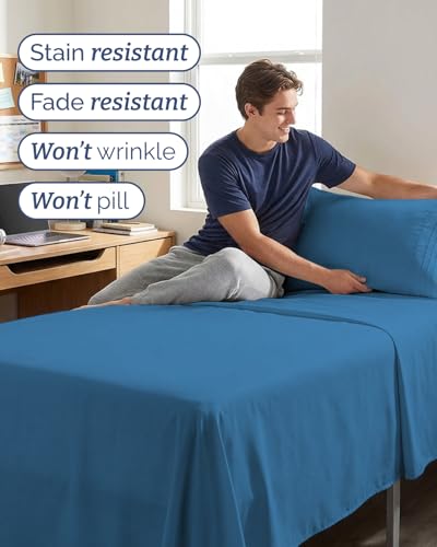 Image of Twin XL 4 Piece Sheet Set - College Dorm Room Essentials - Denim Blue | Ultra Soft Dorm Bedding Set, 8 inch to 16 inch Inch Deep Pockets, 1 Flat & 1 Fitted Sheet & 2 Pillowcases, Wrinkle & Fade Free
