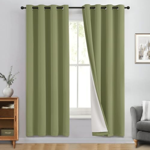 Image of Yakamok Sage Blackout Curtains 72 Inches Long for Bedroom 50 inch Wide 2 Panel | Blackout Curtain Panels for Bedroom, 2 Thick Layers Grommet Top Thermal Insulated Drapes with White Back for Living Room