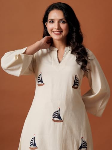 Image of INDO ERA Women's's Pure Cotton Embroidered Kurta Women | Floral Neck & Hem Embroidery | Cotton Kurta Women |