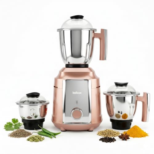 Image of Indicon Turbo 1300W Copper Motor Mixer Grinder with 3 Stainless Steel Jar 3-Speed Control, Heavy Duty for Grinding, Blending & Juicing, (Rose Gold) (Rose Gold)