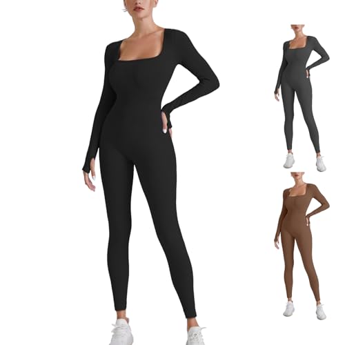 Catálogo de Monos para Mujer que puedes comprar esta semana. 47 Overol de Manga Larga para Mujer, Monos de Yoga para Mujer, Mameluco de Cuello Cuadrado, Control de Barriga, Modelado del Cuerpo, Estiramiento, para Ejercicio (Negro, Chica)