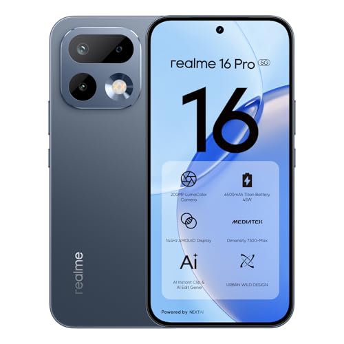 realme 16 Pro 5G Smartphone 8GB + 256GB, 200MP LumaColor Cámara + 50MP, Teléfono Móvil con Procesador Dimensity 7300 MAX, Batería 6500mAh y Carga de 45W, Móviles de 6.78" 144Hz AMOLED Pantalla, Gris