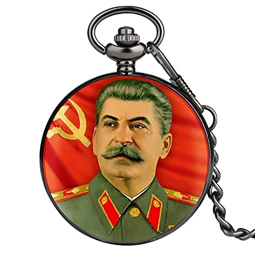 Herren Taschenuhr Sowjetischer Helden Porträt von Stalin von Russland's Führer Quarzuhr Kette Anhänger Fob Kunst Sammlerstücke Stundengeschenke, Farbe: Schwarz Cover