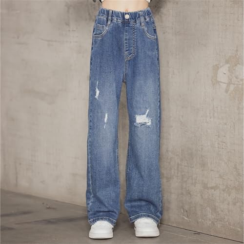 Ripped Jeans for Girls Teens Straight Leg Elastic Waist Baggy Denim Pants Kids Cute Summer Trousers Distressed Y2K Streetwear4