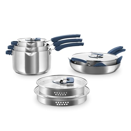 Image of Zakarian by Dash TruPro™ 10 Piece Nonstick Stainless Steel Cookware Set with Straining Lids- Blue
