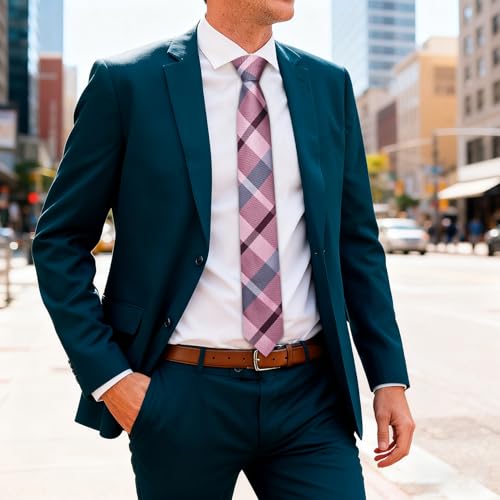 Image of Barry.Wang Plaid Ties Mens Silk Necktie and Tie Clip Checkered Tie for Wedding Party Business Formal