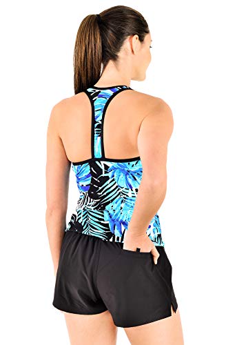 ZeroXposur Womens Tankini Swimsuits Racerback Top Full Coverage Action Shorts with Back Pocket Set (0X Plus, Caribbean)