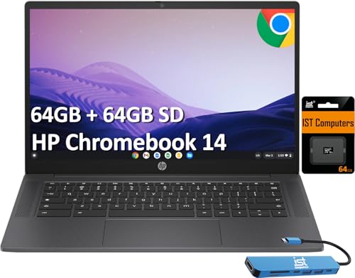 Image of HP Chromebook 14 Laptop (14 inch HD, Intel 4-Core N100, 4GB RAM, 64GB eMMC + 64GB SD Card) for Home, Students & Everyday Use, Fast charge, 12-Hr Battery Life, Webcam, Wi-Fi 6, IST HUB, Chrome OS (Renewed)