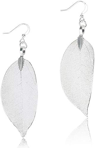 BOUTIQUELOVIN Silver Real Leaf Earrings Aspen Boho Feather Earring for Women Girls Lightweight Dangle Leather Earrings Fall Jewelry Statement Large Earrings