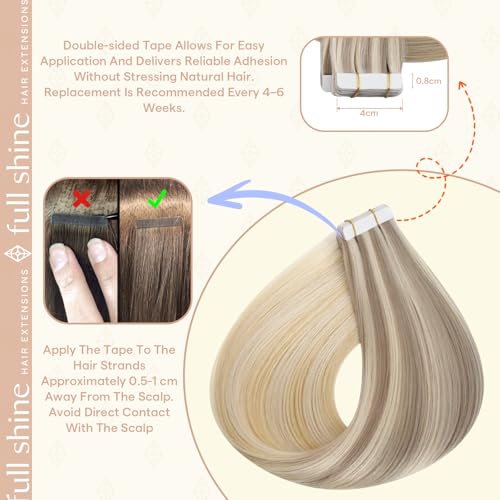 Image of Full Shine Tape Ins Human Hair Extensions, Pearl Blonde Ombre 14 Inch | 50g 20PCS, Double Sided Human Hair Extensions Tape in, Brazilian Style Soft Silky Texture Smooth Casual Styling