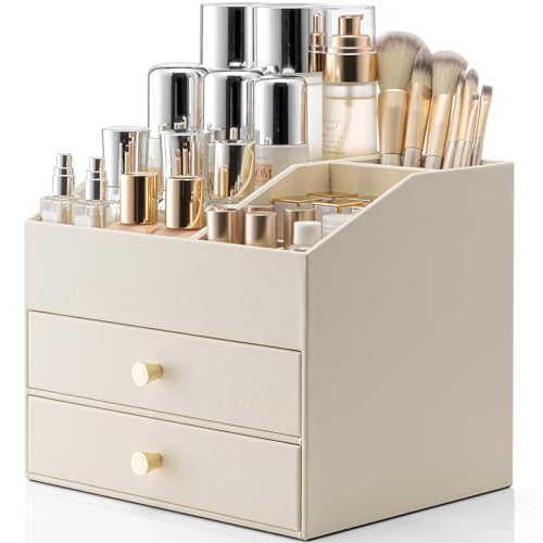 Vlando Make up Organizer mit 3 Schubladen, Schminktisch Organizer, Kosmetik Organizer, Schmink Organizer für Badezimmer, Dresser Skincare, Beige