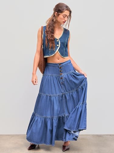 CIDER Women’s Long Jean Denim Tiered Button Down High Waisted Maxi Skirts2