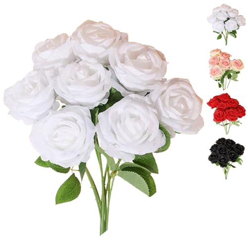 LaresDay 5 Stück Künstliche Rosen mit Stiel - Realistische Rote Dekoblumen für Hochzeit, Zuhause, Garten & Party - Stabiles 5er Set Deko Blumenstrauß (ca. 50cm) (White)