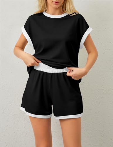 Image of MISSACTIVER 2 Piece Lounge Set Women Stripe Knit Short Sleeve Tee Shirts Shorts Casual Summer Loungewear Shorts Sets