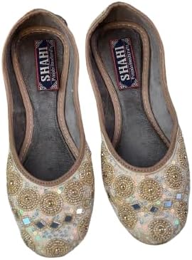 SHAHI PUNJABI FOOTWEARGolden Punjabi Jutti & Mojari's with Golden Moti & Mirror Work for Girls and Women