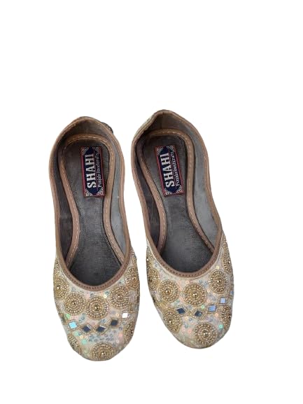 SHAHI PUNJABI FOOTWEARGolden Punjabi Jutti & Mojari's with Golden Moti & Mirror Work for Girls and Women