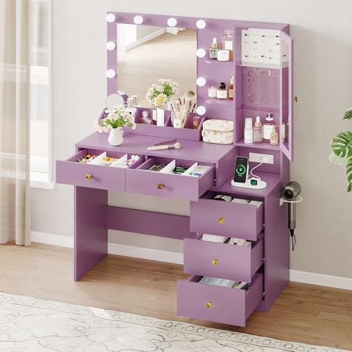 Image of HUANLEGO Vanity Desk with Mirror and Lights, Purple Makeup Vanity Set with 5 Drawers, Jewelry Organizer& LED Glass Cabinet, 3 Light Mode Dressing Table for Girls, Vanities Mirror with Lights Desk