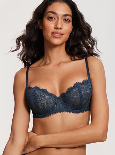 Image of DOBREVA Women's Sexy Lace Push Up Plus Size Bra Sheer Balconette Underwire Unlined