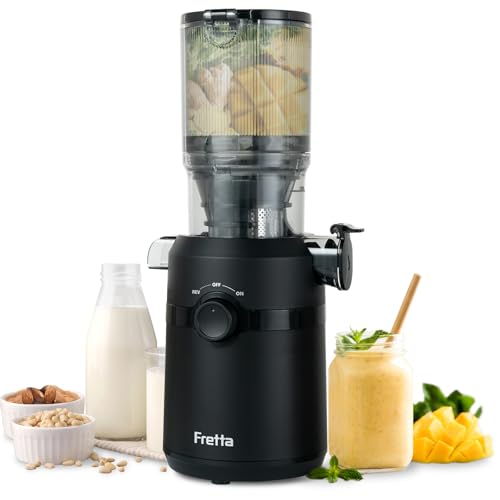 Fretta Entsafter,Slow Juicer mit 108MM Breite und Größere Fütterungsröhre,Füllvolumen für ganze Gemüse und Obst,BPA-frei Tritan-Material Entsafter,Einfacher Installation,200W