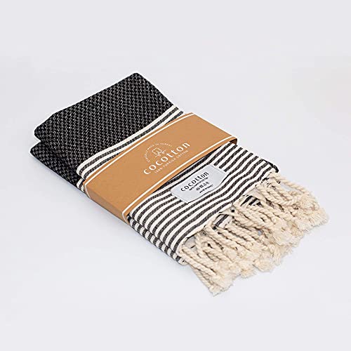 Cocotton Boho Striped Turkish Hand Towels Set Of 2 | 100% Cotton, 16 X 40 Inches | Decorative Bathroom Hair Face Gym Yoga Dishcloth Tea Kitchen Light Weight Quick Dry Farmhouse Towel (Black) #TOP2