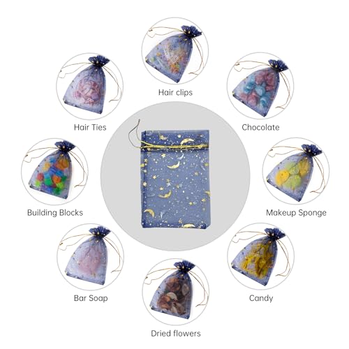 Image of YHJZ 100PCS Moon Star Organza Bags, 4x6 inches (10x15cm) Small Mesh Bags Drawstring, Jewelry Gift Bags for Wedding, Party, Festival (Blue)
