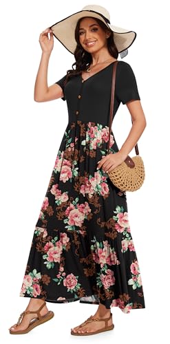 Image of VIISHOW Women's Short Sleeve Maxi Dress 2026 Summer V Neck Knit Loose Plain Empire Waist Casual Dresses with Pockets